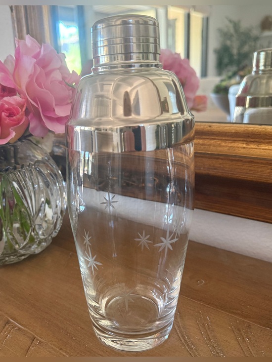 Other - Vintage MCM Atomic Starburst Glass Cocktail Shaker Chrome ToneBarware W/ Tongs